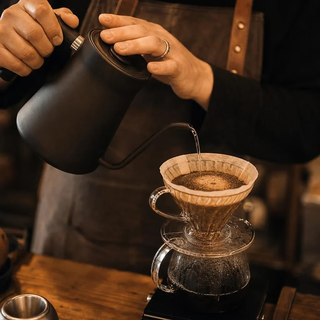 Barista van THIRD. schenkt water over de filter tijdens het handbrouwen