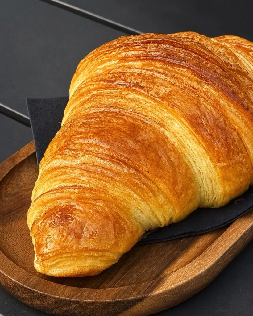 Versgebakken croissant op een houten bordje bij THIRD.
