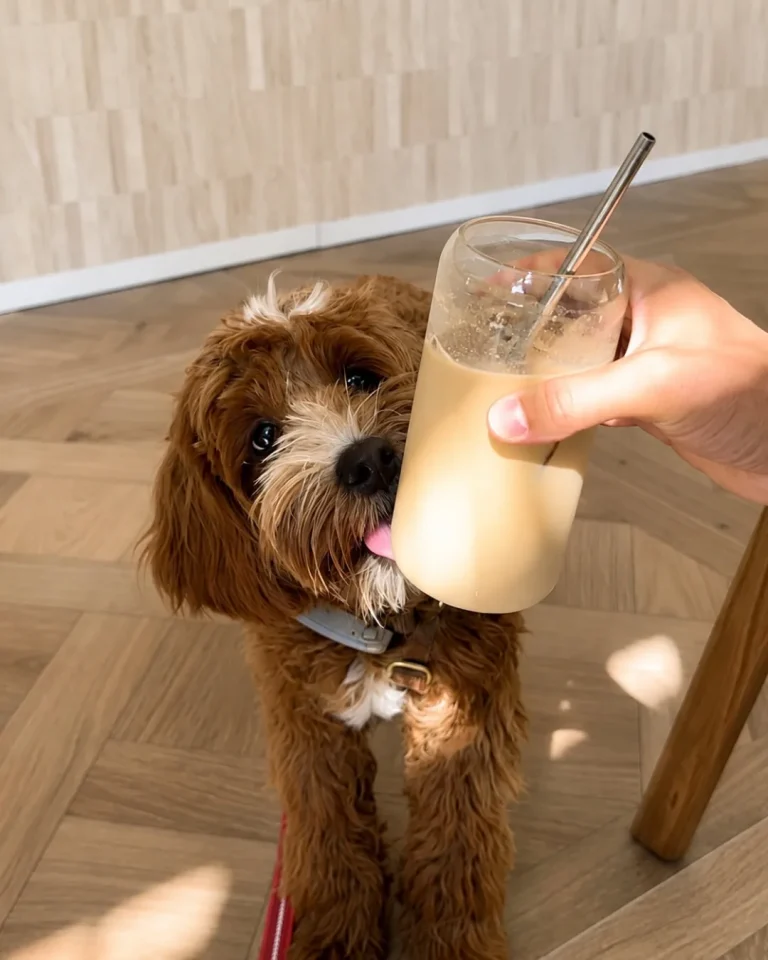 Hond te gast op de houten vloer van THIRD. naast een iced latte