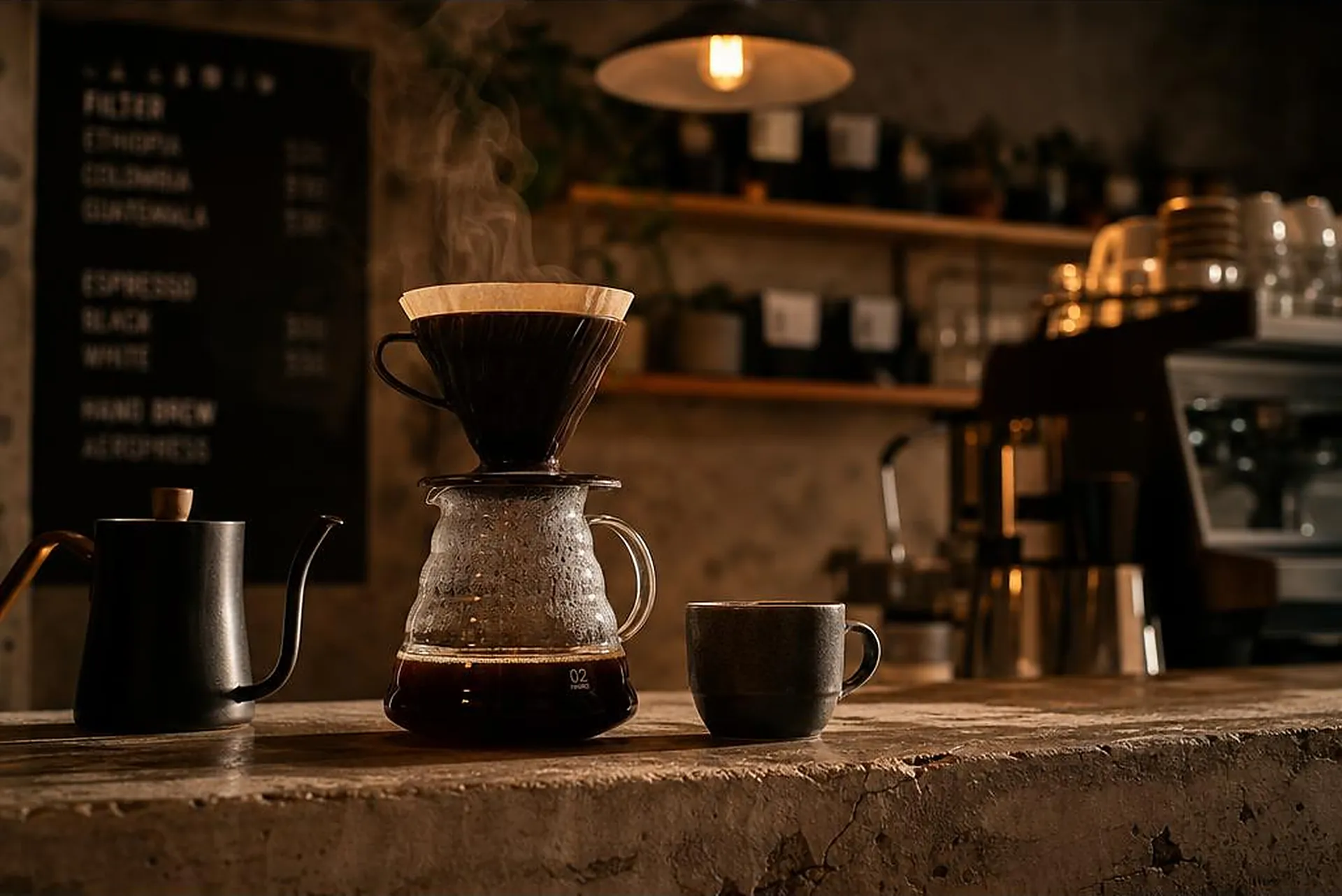 Handgezette filterkoffie op de betonnen koffiebar van THIRD. in Amsterdam Zuid