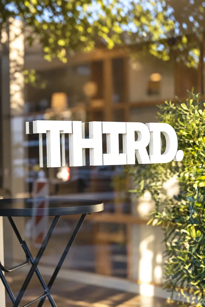 De gevel van THIRD. met de letters boven het terras, tussen het groen