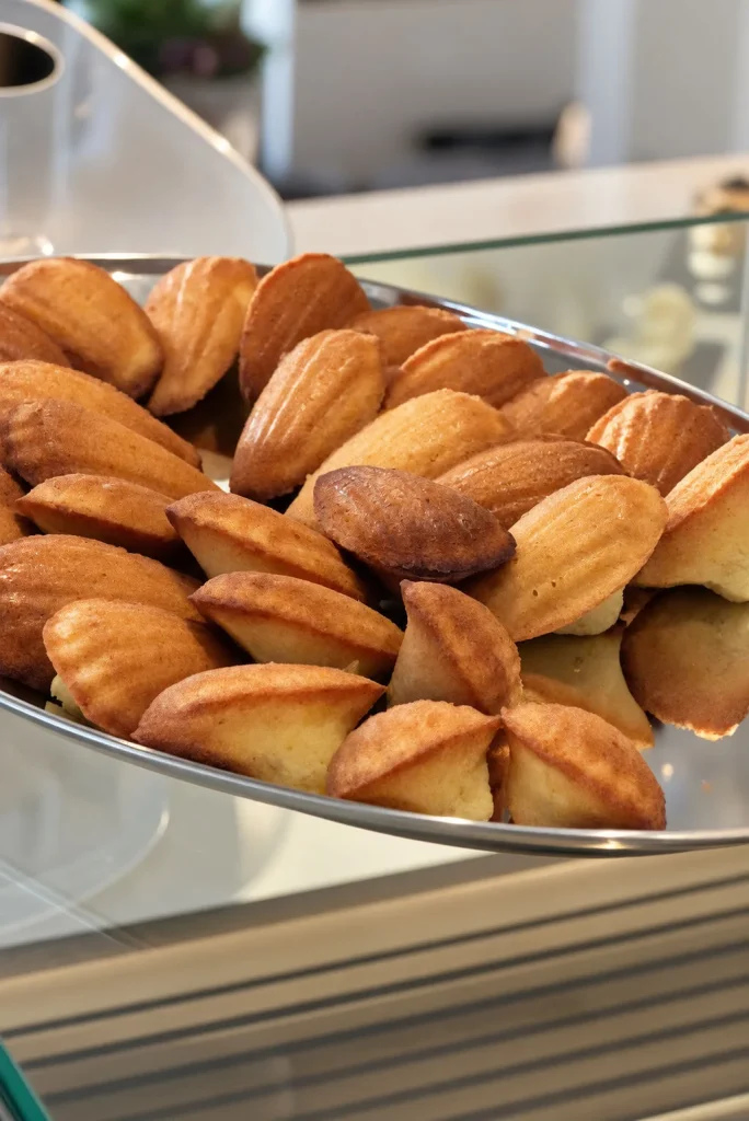 Een schaal madeleines bij de vitrine van THIRD.